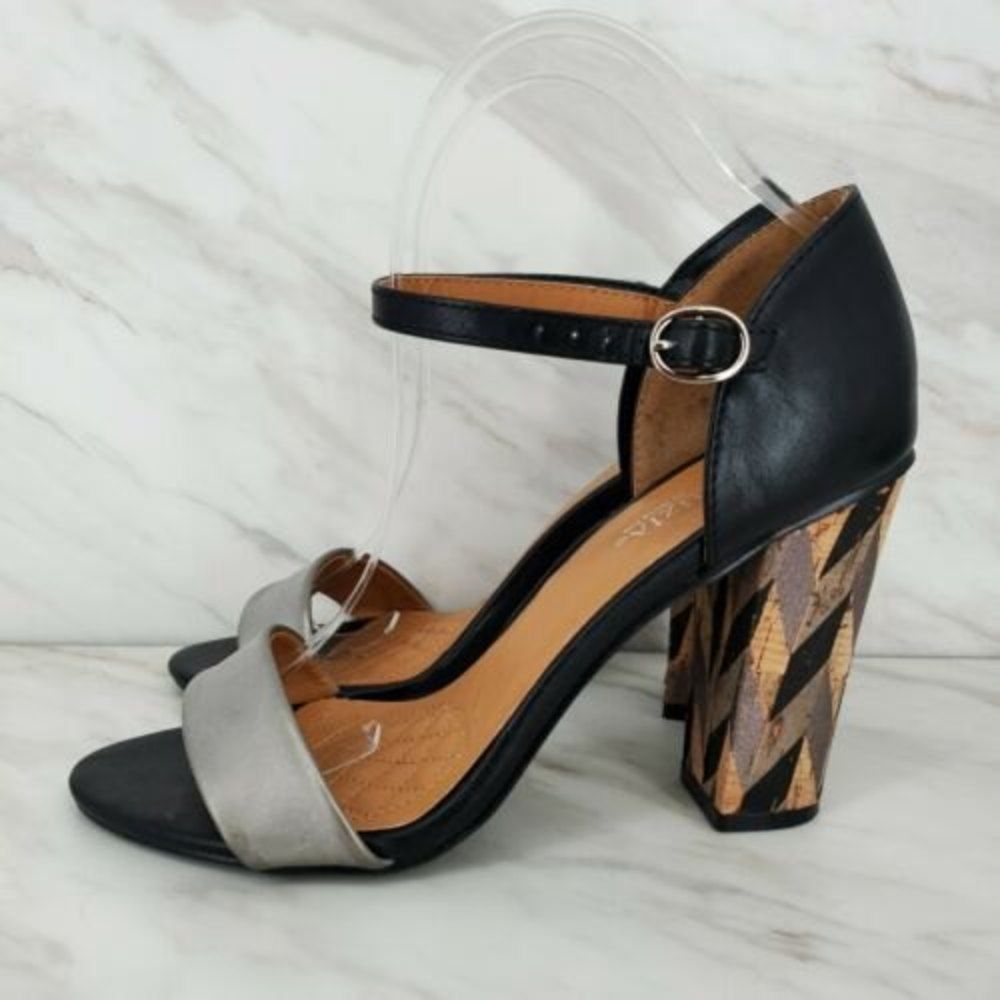 Spring Step Black and Silver Geometric Block Heel Sandals